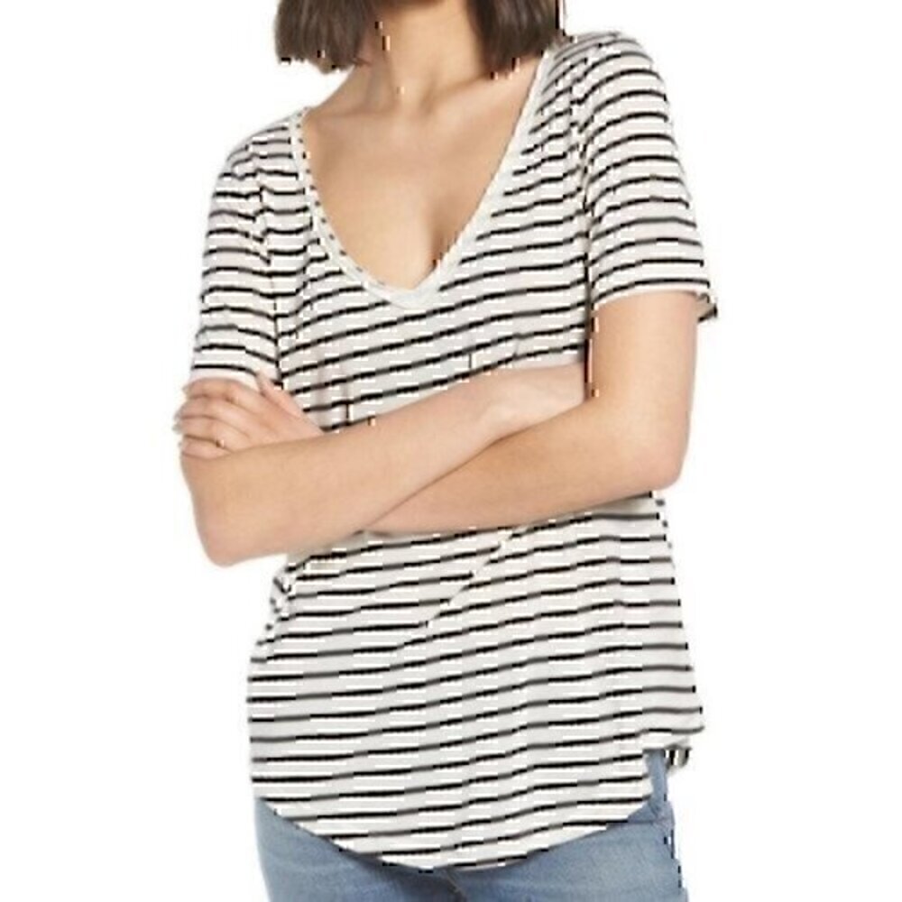 NEW BP NORDSTROM Raw Edge V-Neck Tee Cream Black Stripe Short Sleeve T-Shirt XS